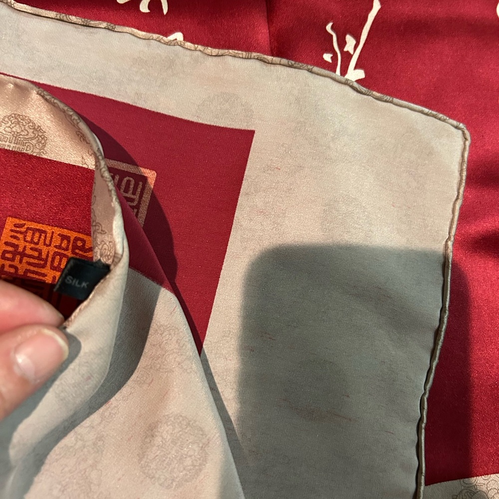 New Vintage Long Silk Satin Scarf Chinese Symbol Printed in Burgundy and Ten - Picture 3 of 5